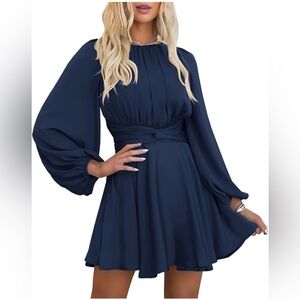MITILLY Satin Long Sleeve Round Neck Wrap Tie Waist Mini Dress In Navy